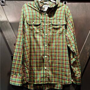 Duluth Trading Co Untucked Plaid Button Down Shirt Green Yellow Orange & Black